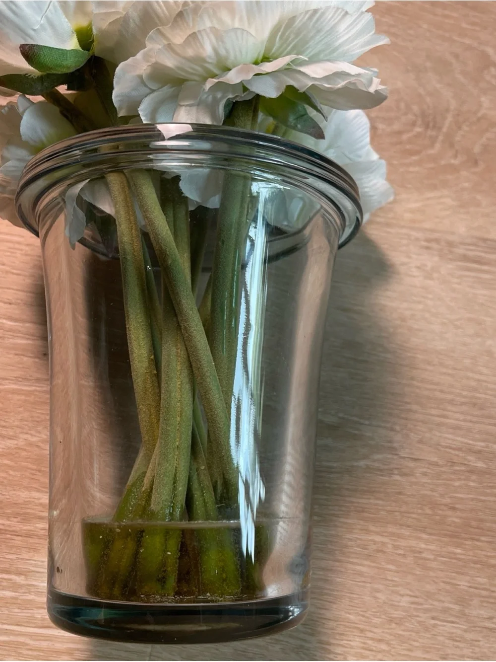 THOMAS O’BRIEN White Peony Ranunculus Faux Floral Arrangement clear flared glass